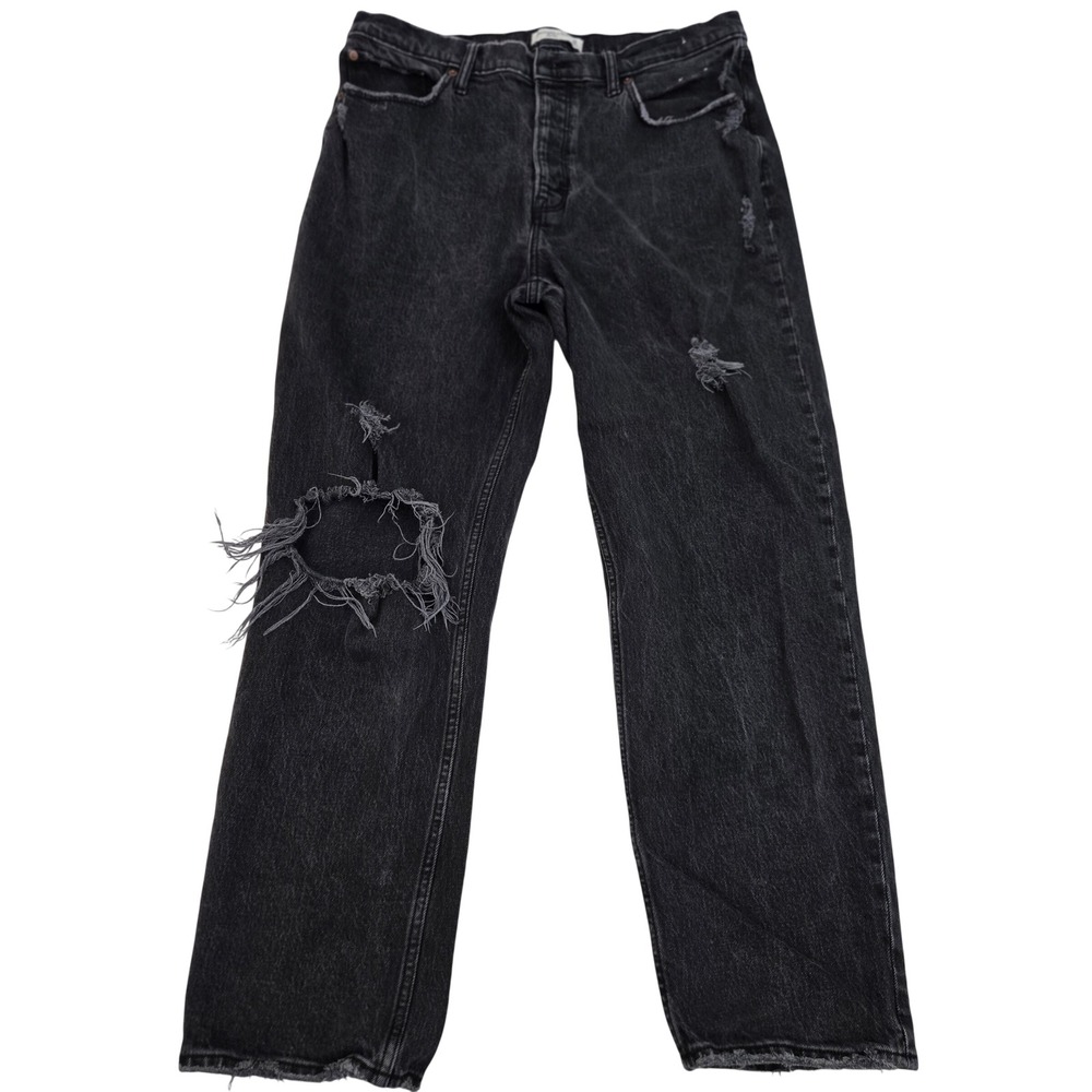 Abercrombie & Fitch The Dad High Rise Jeans 14 32 Black Thrash Distress Raw Hem